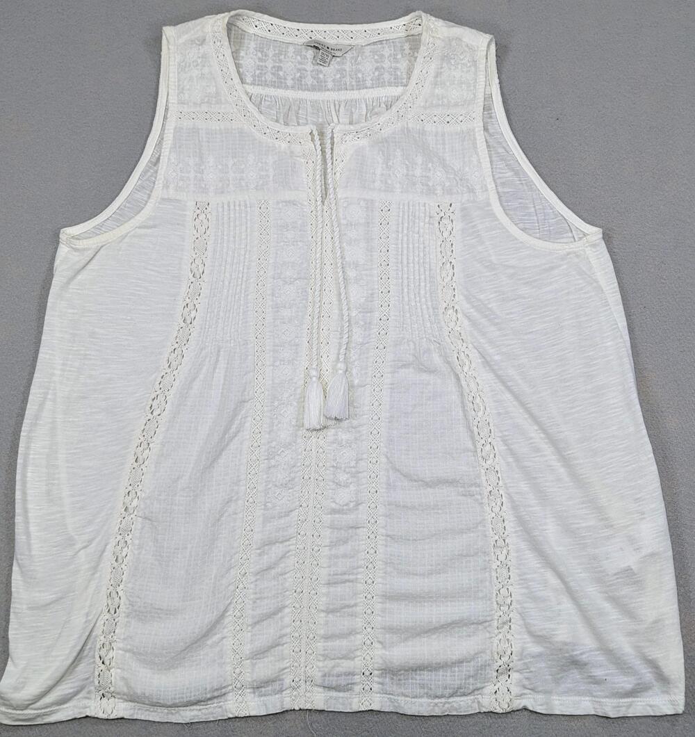 Lucky Brand Blouse Womens 1X White Crochet Tassel Boho Sleeveless Summer Top